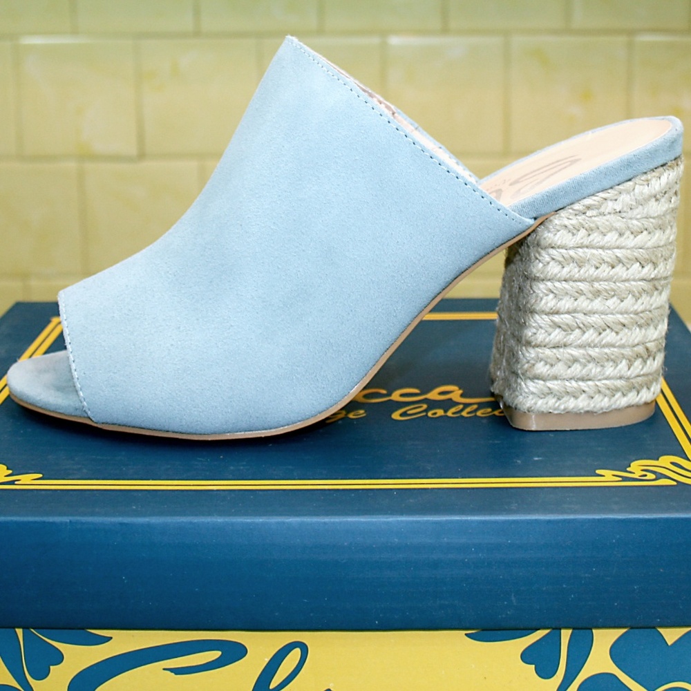 Raffia Heel Powder Blue Suede Leather Mule NIB - Picture 2 of 8